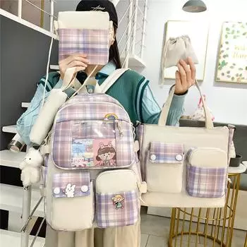 Пятисекционный клетчатый рюкзак для девочек-сумок для учащихся младших классов средней школы зелёный