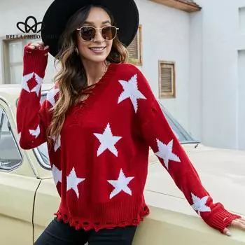 Пятизвездочный жаккардовый свитер, женский новый модный пуловер на шнурке, вязаный свитер, дизайнерский топ, свитер в повседневном стиле S чёрный