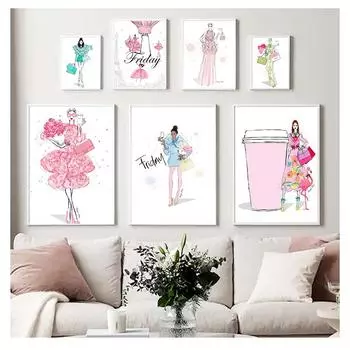 Пятничный шоппинг и постер с кофе и принтом, настенная художественная картина, современное украшение для комнаты для девочек, модное женское платье, картина на холсте 21cm30cm NoFrame