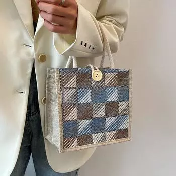 Пятнистая клетчатая холщовая переносная сумка из мешковины, модная ручная переноска ланч-бокса, сумка для бенто, студенческая маленькая женская сумка синий