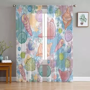 Пятнистая раковина, морская звезда, красочная прозрачная занавеска для спальни, тюль-вуаль, занавеска для кухни, гостиной, обработка окна 135W x 114H(cm)