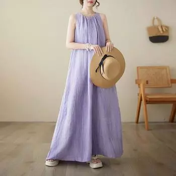 Пятнистое фиолетовое платье без рукавов женское лето 2025 новое ленивый ветер свободный темперамент отпускное платье S фиолетовый