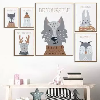Пятнистый олень в шарфе, лиса, сова, медведь, холст, набор для детской комнаты, лес, настенное искусство, зимние животные, принты, декор для детской комнаты, без рамки 21*30cm No Frame