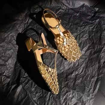 Пятно французского ретро золотая ажурная сетка серебряная красивая сумка головные сандалии женские задние пустые пряжки ремень низкий каблук женские одинарные туфли 35 золотой