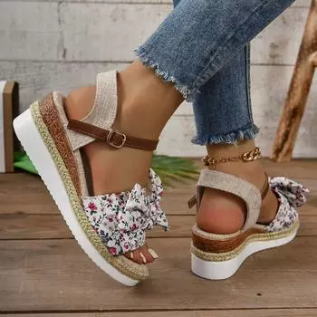 Пятно новые бабочки цветок пеньковая веревка подошва сандалии платформы женские летние пятно однословная пряжка рыбий рот босоножки на танкетке 36