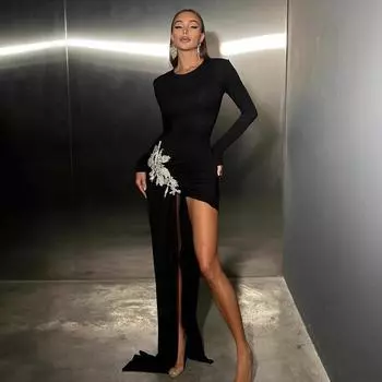 Пятно женская круглая юбка с высоким воротом и длинным рукавом, сетка, сращивание, тяжелая промышленность, металлическое украшение в виде цветка XS чёрный