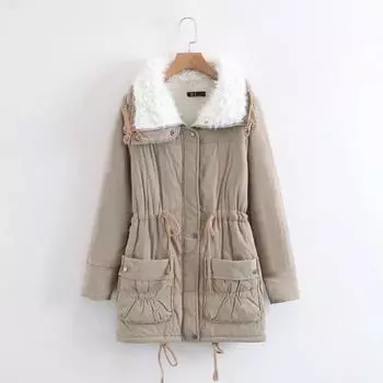 Пятно зимняя новая европейская и американская свободная одежда с завязками на больших лацканах из овечьей шерсти и хлопка, средняя и длинная одежда из хлопка для женщин S хаки