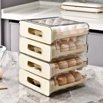 Practical Plastic 32 Grid Egg Tray Large Capacity Space Saving Double-layer Egg Rack with Lid Stackable Egg Basket for Kitchen бежевый