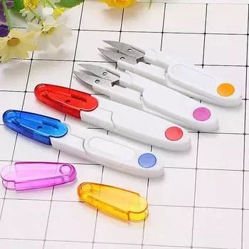 Practical Plastic Handle Safety Cover Sewing Scissors Thread Embroidery Cross-stitch Cutter Mini Spring U Shape Scissors синий