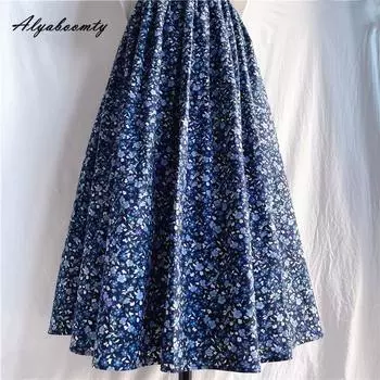 Prairie Chic Лето-Осенняя женская юбка-миди трапециевидной формы с эластичной резинкой на талии и цветочным принтом, темно-синяя юбка, винтажные элегантные хлопковые юбки, женские S