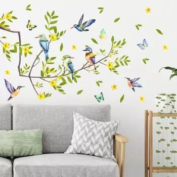 Практичная долговечная легкая настенная наклейка с изображением мультяшных цветов и птиц, домашний декор