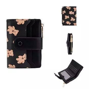 Практичный кошелек на молнии с принтом медведя для женщин, стильный и прочный кошелек для монет из искусственной кожи зелёный