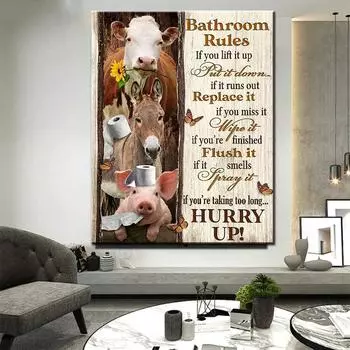 Правила туалета, настенная живопись, 5d алмазная живопись, забавная ванная комната, животное, корова, осел, жираф, Алмазная вышивка, мозаика, домашний декор Full Round 20x30CM