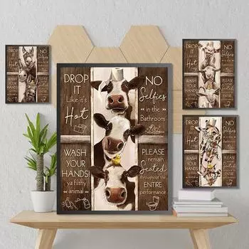 Правила туалета настенное искусство холст картина смешная ванная комната животное корова осел жираф плакаты и принты HD картина ванная комната домашний декор 21x30cm No Framed