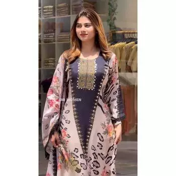 Праздничная и праздничная одежда из плотного мусульманского хлопка с тяжелой цифровой печатью с зеркальной и ромбовидной ручной работой, комплект из верха, низа и дупатты M