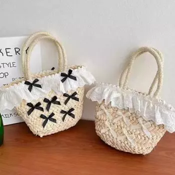 Праздничная милая соломенная пляжная сумка женская винтажная ручка кружевной бант шикарная ручная сумка женская эстетическая плетеная сумка в стиле Харадзюку
