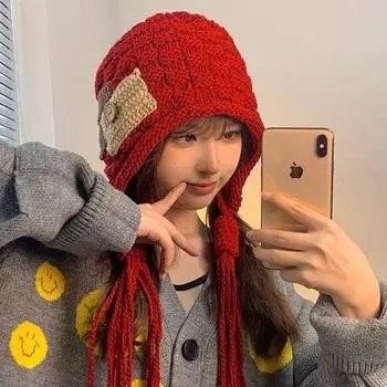 Праздничная новогодняя красная шапка женская зимняя теплая шерстяная шапка с бахромой вязаная крючком шапка для защиты ушей холодная шапка M56-58cm