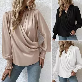 Праздничная повседневная шикарная рубашка женская элегантная с v-образным вырезом с рукавами-фонариками мягкий стильный однотонный топ для пригородных вечеринок XL абрикосовый