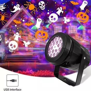 Праздничная проекционная лампа на Хэллоуин: 16 ярких узоров, питание от USB, светодиоды RGB, декор для сцены в помещении и на открытом воздухе, создание жуткой атмосферы - простота использования Projection lights