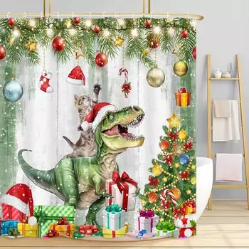 Праздничная рождественская занавеска для душа - забавный дизайн с изображением кота и динозавра с рождественскими украшениями, водонепроницаемый полиэстеровый декор для ванной комнаты, 72x72 дюйма W90xH180cm