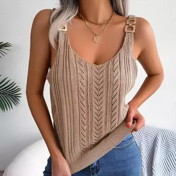 Праздничная сексуальная вязаная футболка с вырезами, женская летняя футболка без рукавов с v-образным вырезом, женская повседневная трикотажная футболка с металлической пряжкой 30558 S чёрный