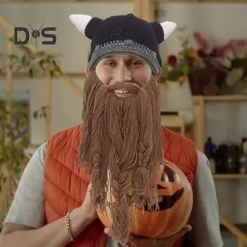 Праздничная шляпа для косплея, поддельные усы, вязаная с роговым украшением, реквизит для сценического костюма, теплая зимняя шапочка для холодной погоды, головной убор на Хэллоуин светло-серый