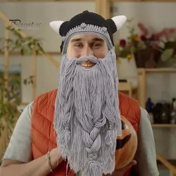 Праздничная шляпа для косплея, поддельные усы, вязаная с роговым украшением, реквизит для сценического костюма, теплая зимняя шапочка для холодной погоды, головной убор на Хэллоуин чёрный