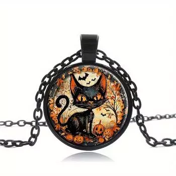 Праздничное Хэллоуинское колье с подвеской в виде кошки - Стеклянный шарм, Основа из сплава, Готовое к вечеринке чёрный