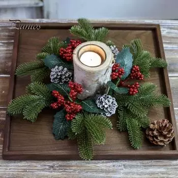 Праздничное кольцо со свечами, искусственные красные ягоды, шишки, свечи, гирлянда, рождественские сосновые иглы, венок из свечей для рождественского свадебного стола, центральное украшение для декора A