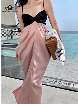 Праздничное платье миди без рукавов с v-образным вырезом в стиле пэчворк, винтажное женское летнее пляжное платье на тонких бретельках, элегантное праздничное платье, корейская мода S розовый