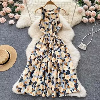 Праздничное платье RUGOD, новинка лета 2022, облегающее платье с открытой спиной и открытой спиной средней длины, большое распашное платье с принтом