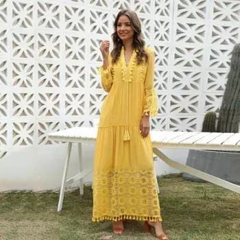 Праздничное платье с большим подолом до щиколотки, универсальное, популярное, простое, повседневное, с кружевным декором и кисточками, макси, уличная одежда M синий