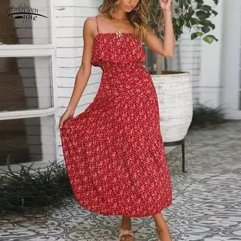 Праздничное платье трапециевидной формы с цветочным принтом, женское платье 2022, богемное платье с рюшами на бретельках и принтом, повседневное пляжное платье с высокой талией на бретелях, Vestidos 21905 S красный