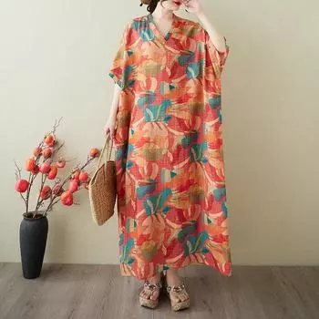 Праздничное платье в стиле бохо больших размеров для женщин. Летние элегантные свободные длинные платья с цветочным принтом в винтажном стиле. One Size