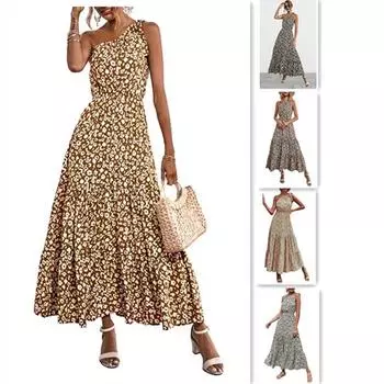 Праздничное пляжное женское платье в богемном стиле на одно плечо с цветочным принтом, повседневное длинное платье с большими качелями S чёрный