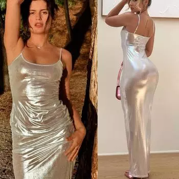 Праздничное повседневное модное женское платье с принтом, летние однотонные длинные платья на подтяжках, элегантное сексуальное пляжное платье на бретельках для отпуска S серебряный