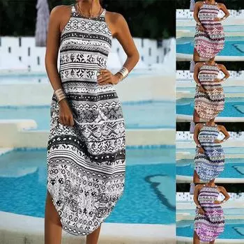 Праздничное женское повседневное винтажное свободное платье без рукавов с принтом на бретельках нерегулярной формы S хаки