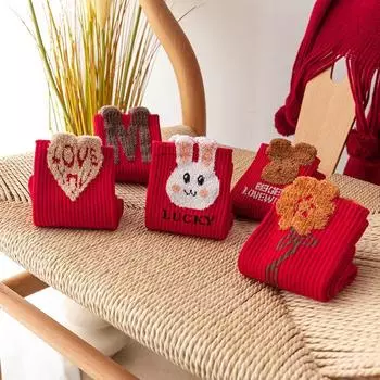 Праздничные красные носки средней длины с кроликом, теплые, модные, праздничные, годовые, парные носки