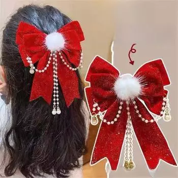 Праздничные красные новогодние аксессуары для волос: Ленты, банты, шпильки, головные уборы и заколки с кисточками для девочек