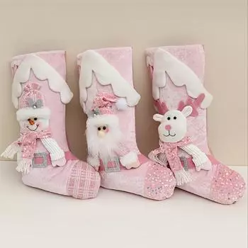 Праздничные мешочки-носки Санта-Клауса с оленями, розовый мультяшный дизайн крыши со шляпой и шарфом Санты, рождественские украшения