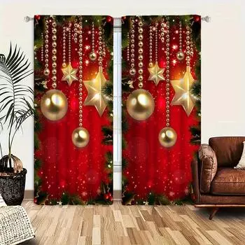 Праздничные рождественские занавески с принтом в винтажном стиле, стираемые в стиральной машине, художественный дизайн для гостиной, спальни, карман для штанги, легко повесить 100W130H(CM)&Grommet Top