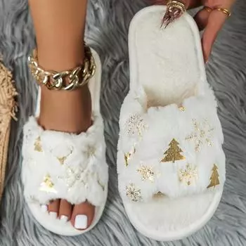 Праздничные рождественские женские тапочки: Мягкая флисовая подошва EVA Ручная стирка или химчистка Мультяшный рисунок 36-37 белый