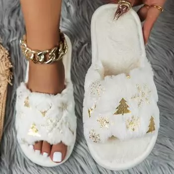 Праздничные рождественские женские тапочки: Мягкий флис, подошва EVA, ручная стирка или химчистка, мультяшный рисунок 36-37 красный