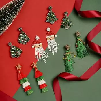 Праздничные серьги-гвоздики, серьги-гвоздики ручной работы из бисера, рождественские серьги-кисточки в виде старика из мультфильма E69150 Green