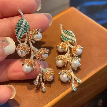 Праздничные серьги-шарики «Ландыш-цветок личи» для женщин с микро-инкрустацией из цветного циркония премиум-класса оранжевый