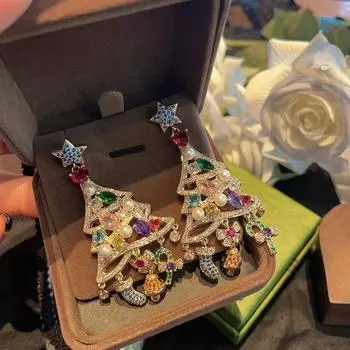 Праздничные серьги в виде рождественской елки, именные серьги в виде пентаграммы с жемчугом, колокольчики, микроцирконий, праздничные серьги белый