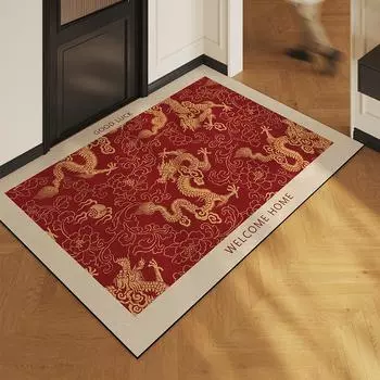 Праздничный коврик для двери на Новый год Дракона, красный, можно протирать, нескользящий коврик для ног, впитывающий коврик для двери в прихожую 45*75