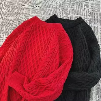 Праздничный красный новогодний свитер унисекс, пуловер с круглым вырезом, модная свободная вязка для весны и осени M красный