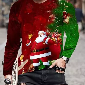 Праздничный мультяшный принт Санта-Клауса - яркая 3D цветная блоковая футболка с длинным рукавом и круглым вырезом для мужчин на весну и осень S