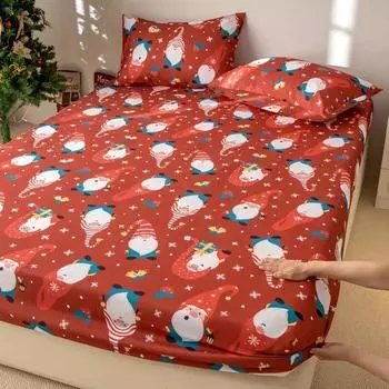 Праздничный рождественский комплект постельного белья из 3 предметов с белым фоном и шапками Санты для пожилых - Включает наволочки - Машинная стирка 90x200cmx25